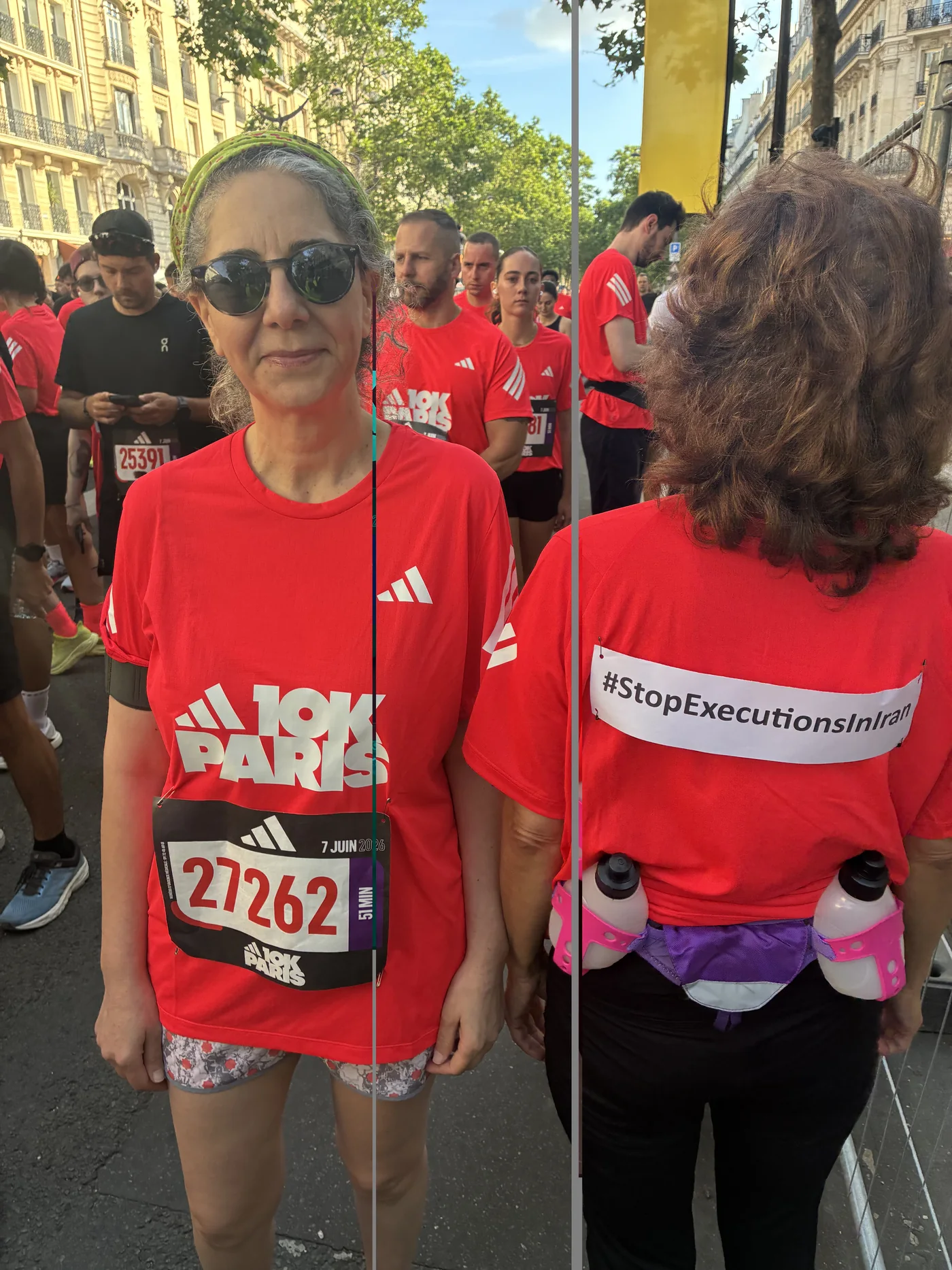 Maryam Mousavi at the adidas 10K Paris, alongside a Stop Executions in Iran message