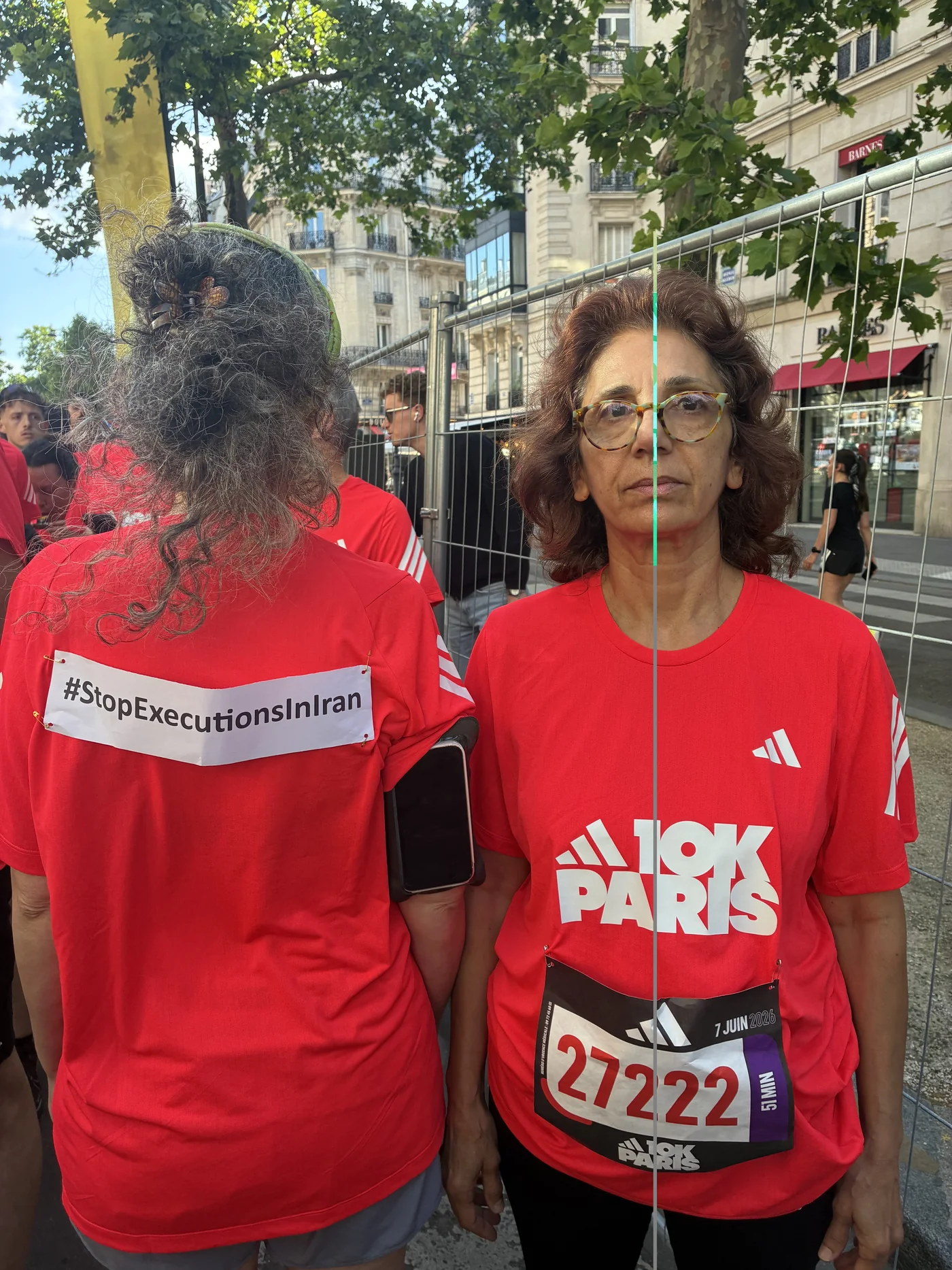Noushin Mirjalili at the adidas 10K Paris, alongside a Stop Executions in Iran message